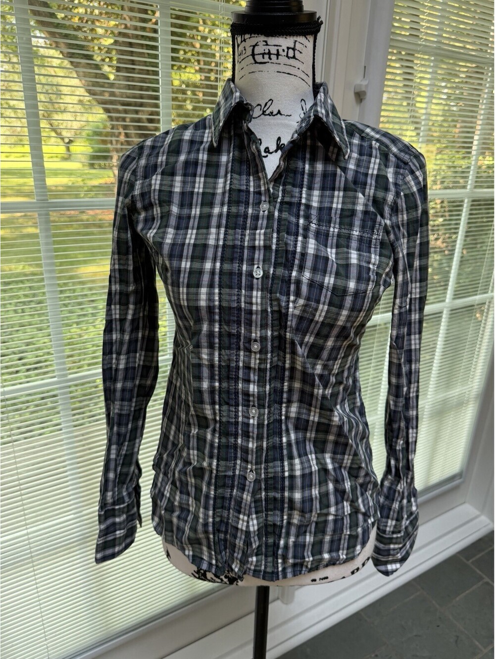 American Eagle Womens Green/ Blue Plaid Button-Down Shirt, Size 4, EUC